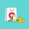 Medicine and money vector concept illustration, flat cartoon money pile and medical or pharmacy bag, expensive medical