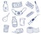 Medicine outline art. Vitamins, dietary supplements, masks, sanitizer, syringes and enema, Pills. Perfect for printing, textiles,