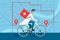 Medicine pharmacy delivery. Male doctor riding bicycle with medical surgical sanitary box first aid on city street map