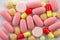 Medicine pill on white, medical tablet prescription,  pharmaceutical capsule
