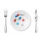 Medicine pills or capsules on a plate with a fork. Vector illustration. Drug prescription for treatment obesity.