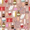 Medicine seamless pattern. First aid kit, stethoscope and syringe, vial of medicine, and pills, hand sanitizer bottles