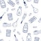 Medicine seamless pattern. Vitamins, dietary supplements, masks, sanitizer, syringes and enema, Pills. Perfect for printing,