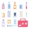 Medicine set icons in flat style. Different pills, drugs and capsules medication and medical equipment. Vector