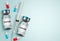 Medicine vaccine vector background. Vaccine bottle, syringe injection and capsule medicine