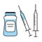 Medicine vial and syringe icon. Medications injection with blue vaccine