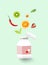 Medicine vitamin bottle mockup with flying fruits leaves and vegetables, vector cartoon