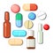 Medicines. Illustration with bottles, tablets, capsules, ampoules. Medicinal drugs. Pharmaceuticals. Ambulance. Pharmacy