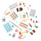 Medicines. Illustration with bottles, tablets, capsules, ampoules, thermometer. Medicinal drugs. Pharmaceuticals