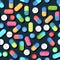 Medicines seamless pattern. Illustration with pills. Concurrency. Medicinal drugs. Pharmaceuticals. Ambulance. Pharmacy