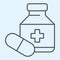 Medicines thin line icon. Medicine bottle with cross sign and drugs pill. Health care vector design concept, outline