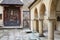 medieval architecture, stone columns and arches of the temple and an altar for prayer