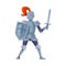 Medieval armored knight. Ancient warrior with shield and sword vector illustration