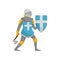 Medieval armored knight warrior character holding blue shield with white cross and axe vector Illustration on a white