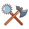 Medieval battle ax and mace icon, cartoon style