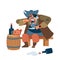 Medieval big man. Scary pirate eats meat with pleasure with a knife in his hand. The character of the pirate. Vector