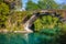 Medieval bridge with moss over the river in France. Old roman bridge in forest. Medieval architecture. Vintage arch bridge.