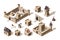 Medieval buildings. Ancient architectural objects village and castles vector isometric for games