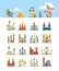 Medieval buildings. Kingdom ancient construction castles houses rock walls wellness well construction vector