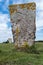 Medieval burial stone standing on a green field