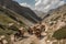 medieval caravan traveling along narrow mountain pass, with pack mules in the foreground