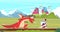 Medieval cartoon scene. Dragon and knight warrior fight, monster and prince fairy tale flat characters. Vector medieval