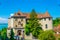 Medieval castle in meersburg is perched on a hill overlooking famous bodensee lake in Germany....IMAGE