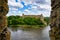 Medieval castle next to the mouth of the river on the border of Russia