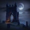 Medieval castle stone podium on a misty, moonlit night background AI generation