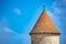 Medieval castle tower close-up roof over sky, Blandy-les-Tours
