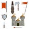 Medieval castle with tower, wall, gate, red roof. European historical Armor and weapons. Cartoon flat illustration