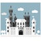 Medieval castle with towers  buildings and gates. Paper art in digital style. Vector illustration