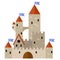 Medieval castle with towers and flags.