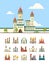 Medieval castles. Old palazzo building hill towers vector flat illustration
