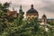 Medieval cathedral landmark urban view church dome moody trees foliage branches foreground space in cloudy weather