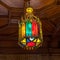 Medieval ceiling chandelier in the Gothic style of multicolored pieces of glass.