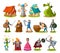 Medieval characters and buildings collection. Cartoon knights, princess, king, dragon, buildings etc. Vector fairy tale objects