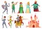 Medieval characters. Royal knight with lance on horseback, princess, kingdom king and queen isolated vector character