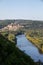 The medieval Chateau de Beynac rising on a limestone cliff above the Dordogne River seen from Castelnaud. France,