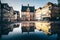 The medieval city of Marburg an der Lahn in the morning with the town hall, half-timbered houses and reflection in Hesse, Germany