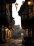 Medieval city street, alley. transparent background PNG. Lights shining on the brick road. melancholic city road.