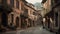 Medieval courtyard with old fashioned lanterns and narrow cobblestone footpath generated by AI