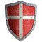 Medieval crusader`s metal shield with white cross isolated 3d illustration