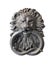 Medieval door knocker in a form of iron lion head isolated on white background closeup