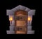 Medieval door to castle with burning torch, old vintage entrance from wood, stone arch metal hafts, vector game portal