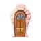 Medieval door to castle, old vintage entrance from wood, stone and metal hafts, vector ancient game portal antique entry