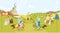 Medieval epoch tournament, cartoon people characters, knights with swords on horses fighting, peasants and castle vector