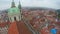 Medieval European church in Prague, red roofs aerial, streets