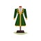 Medieval European male clothing. Green coat with yellow buttons. Jacket on mannequin. Museum exhibit. Flat vector design