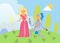 Medieval fairy love tale knight and princess vector cartoon characters illustration. Fantasy knight on knee with flower